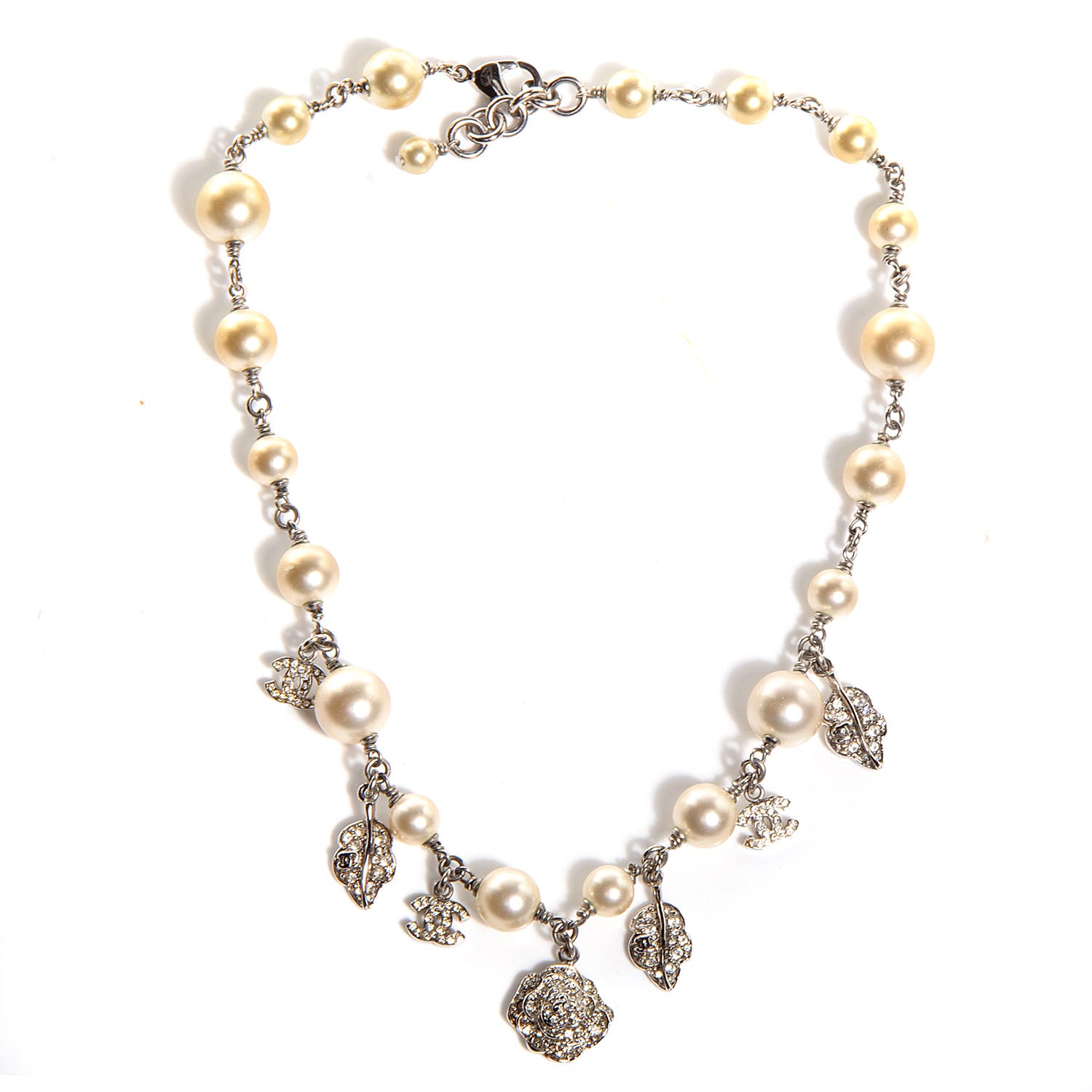 Chanel Crystal Pearl Camellia Charm Necklace Silver 3 of 6