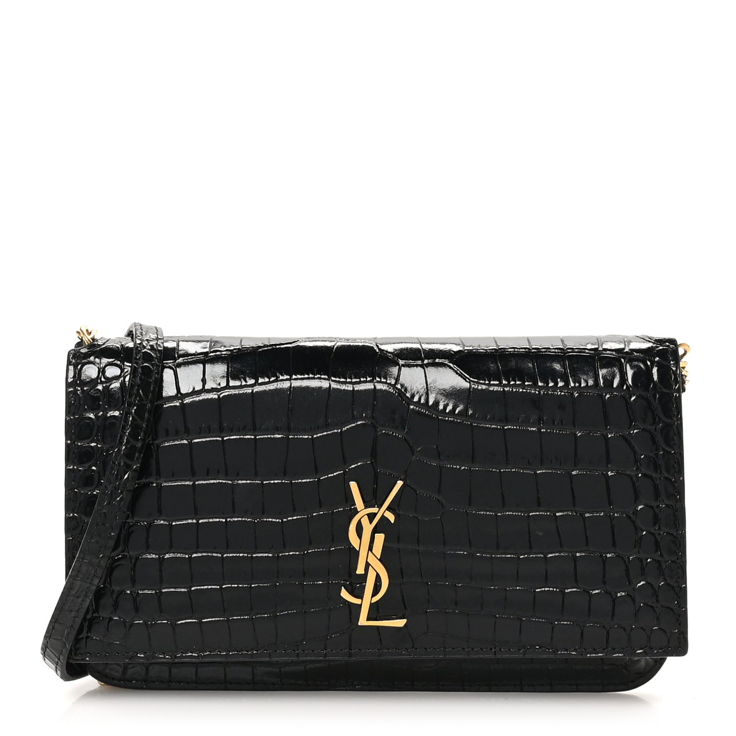 Calfskin Crocodile Embossed Monogram Phone Holder Crossbody Black