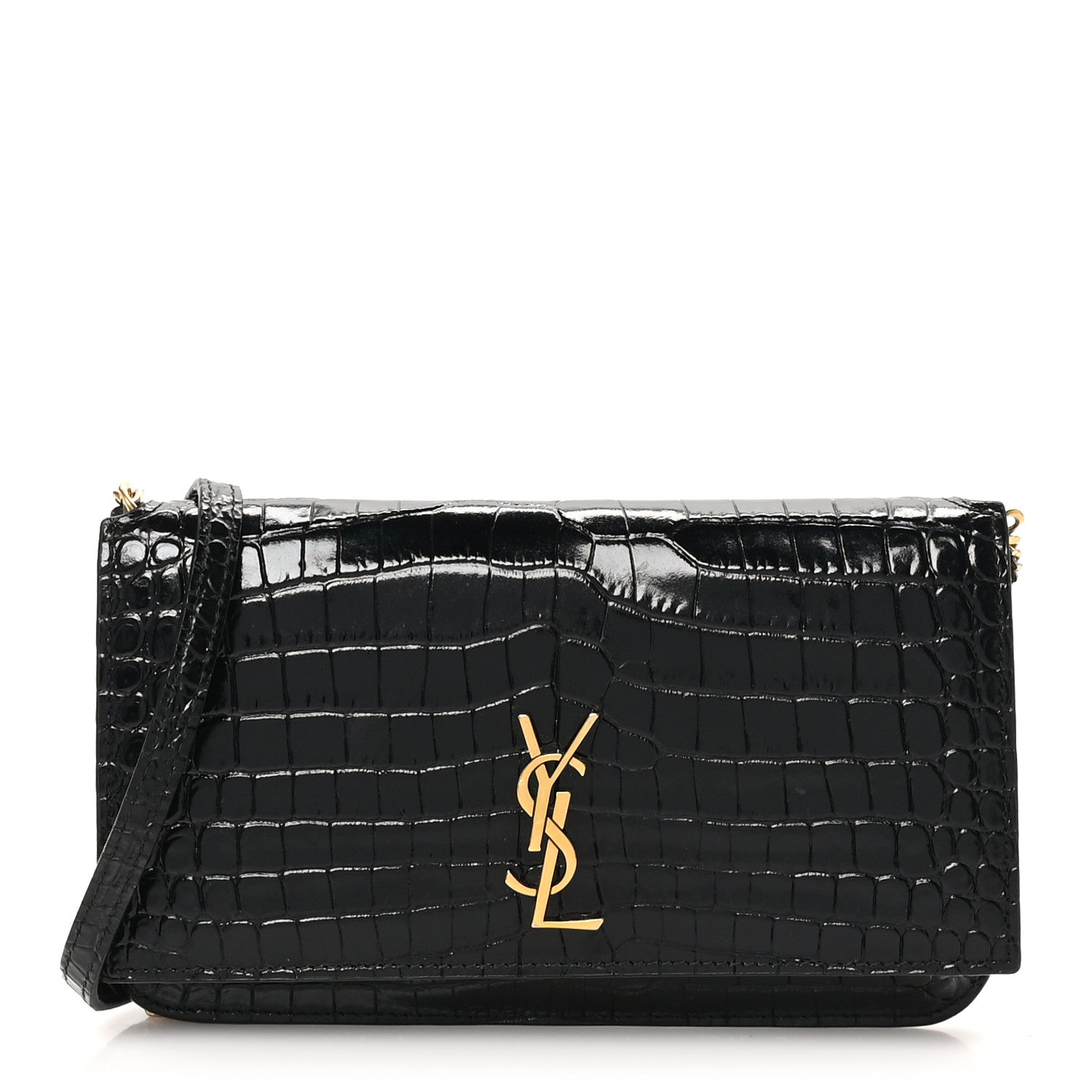 Saint Laurent Calfskin Crocodile Embossed Monogram Phone Holder Crossbody Black 1 of 11