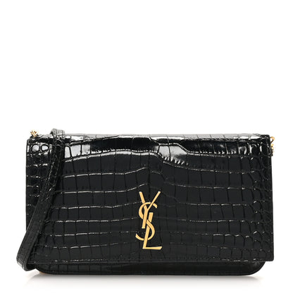 Saint Laurent Calfskin Crocodile Embossed Monogram Phone Holder Crossbody Black 1 of 11