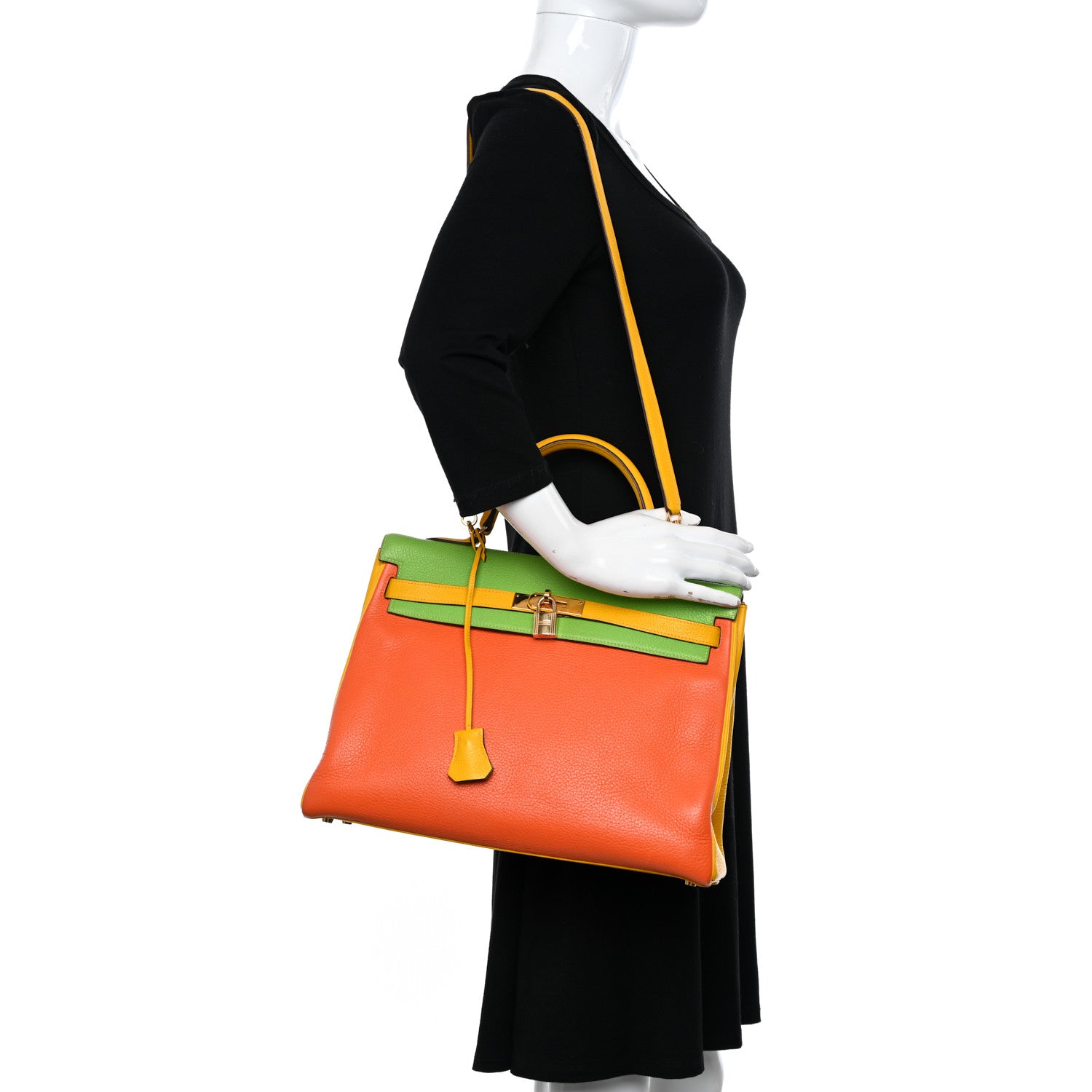 Hermes Taurillon Clemence Tri-Color Kelly Retourne 35 Orange Vert Cru Jaune 2 of 15