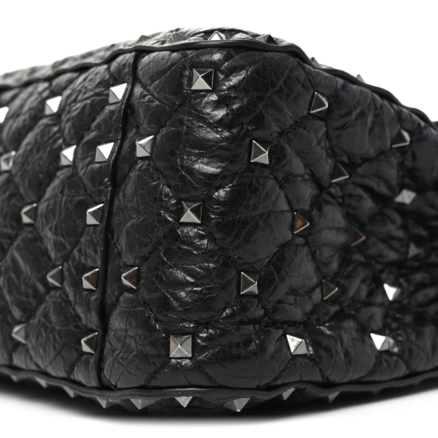 Craquele Nappa Large Rockstud Spike Shoulder Bag Black