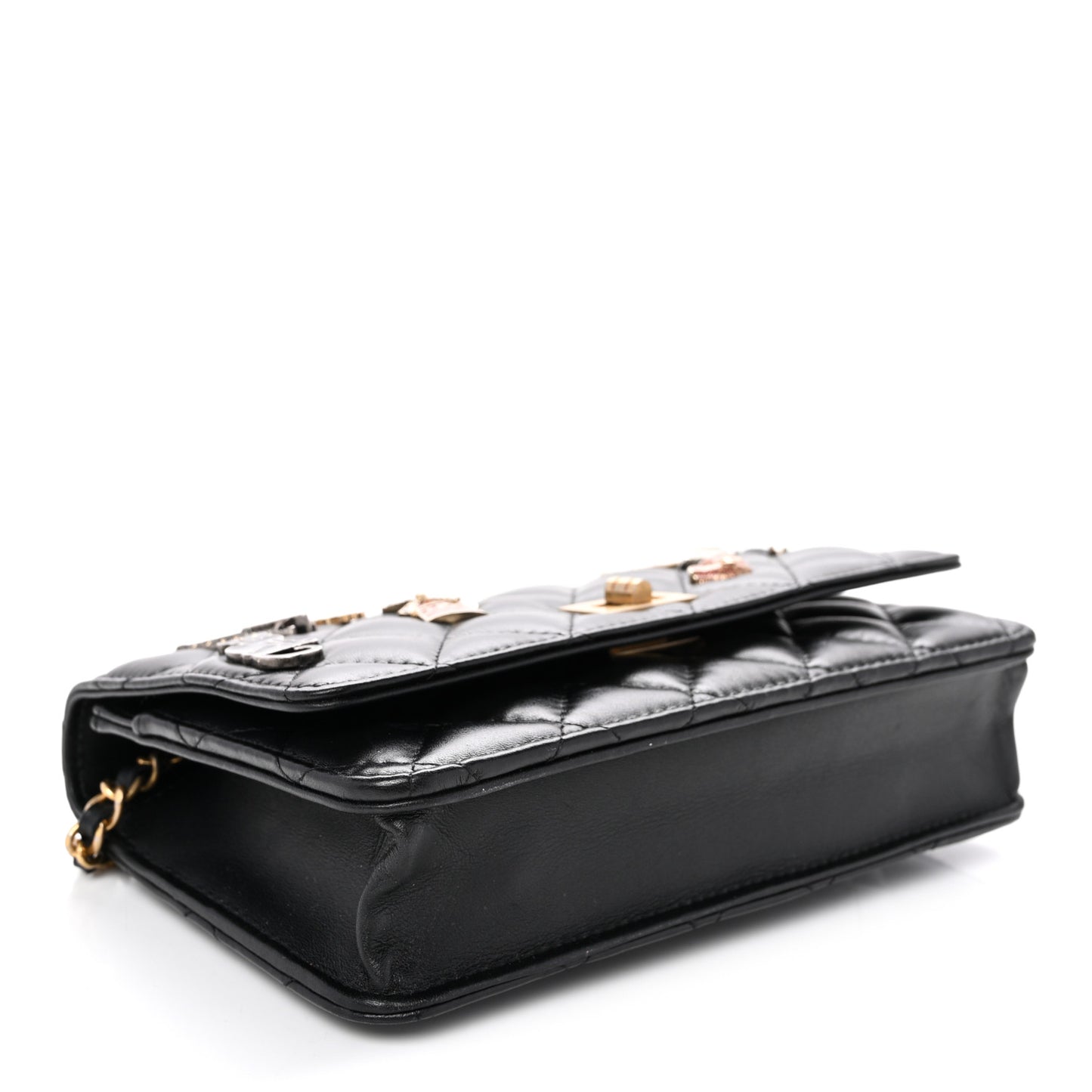 Aged Calfskin Quilted Lucky Charms 2.55 Reissue Wallet On Chain WOC Black