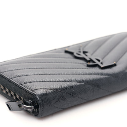 Saint Laurent Grain De Poudre Matelasse Chevron Monogram Monochrome Zip Around Wallet Black 7 of 9