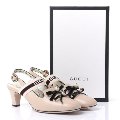 Gucci Malaga Kid Bow Ace Stripe Mid Heel Slingback Pumps 41 Beige 9 of 9