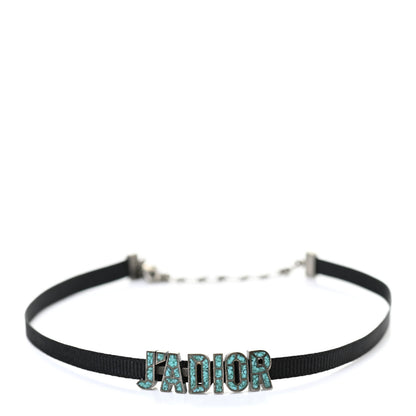 Christian Dior Grosgrain Ribbon Turquoise J'Adior Logo Choker Necklace Black 1 of 6