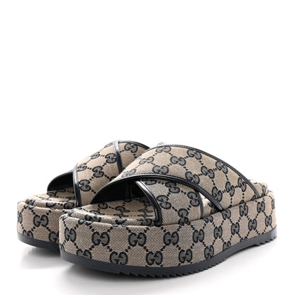 Gucci Monogram Criss Cross Platform Slide Sandals 36 Beige Blue 3 of 9