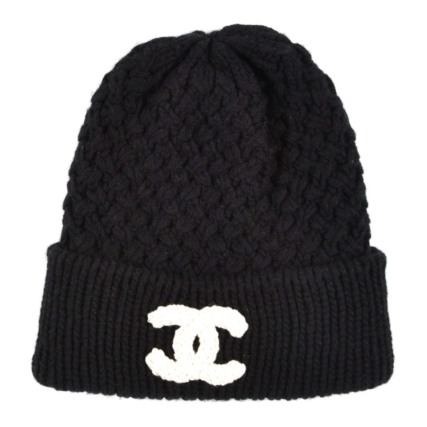 Chanel Wool Cashmere CC Beanie Hat Black White 1 of 4