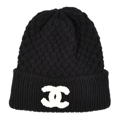 Chanel Wool Cashmere CC Beanie Hat Black White 1 of 4
