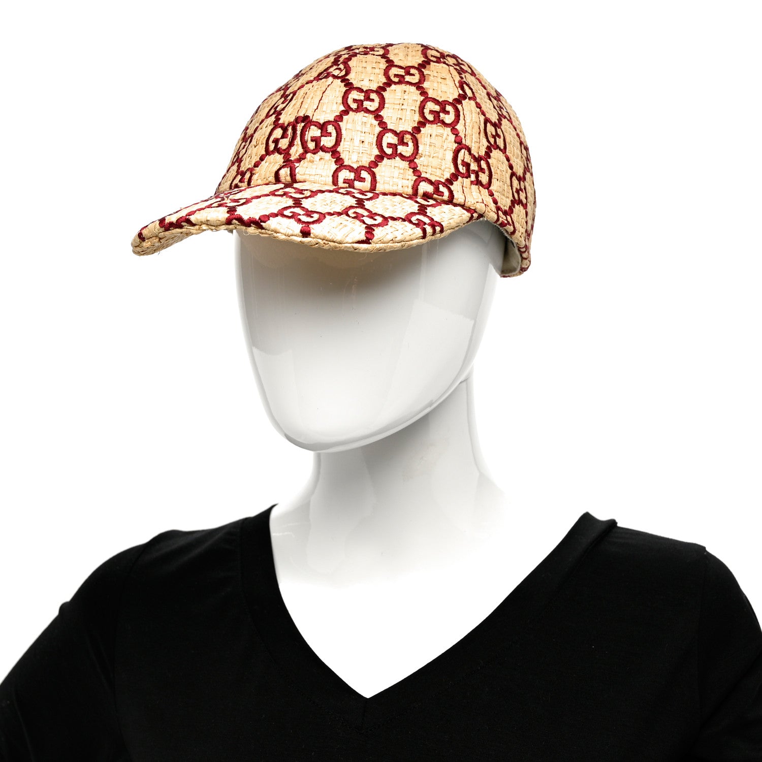 Gucci Raffia GG Monogram Elaphe Embroidered Aisha Baseball Hat M Ivory Bordeaux 2 of 11