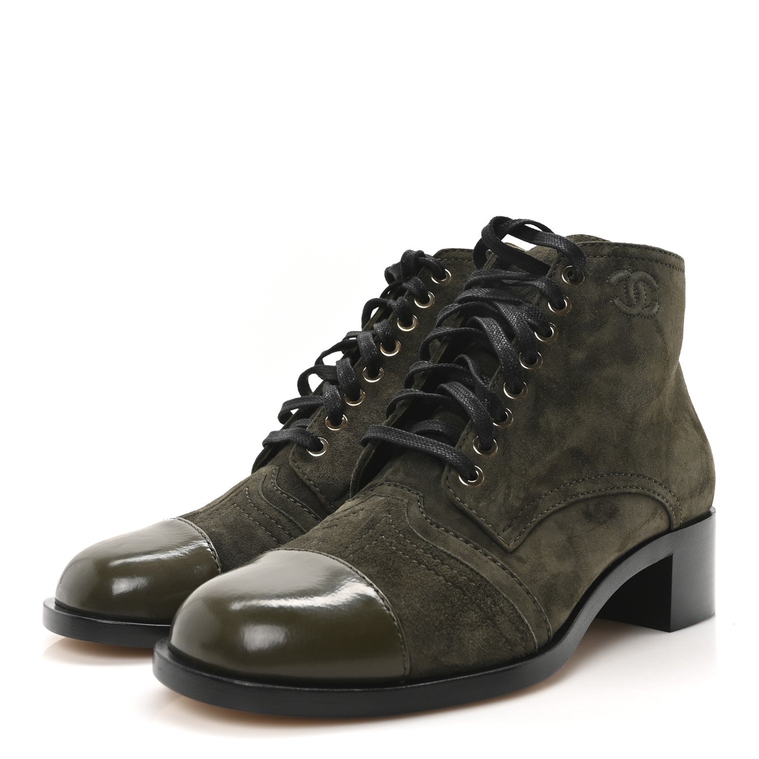 Chanel Suede Patent Cap Toe CC Boots 40 Khaki 4 of 9