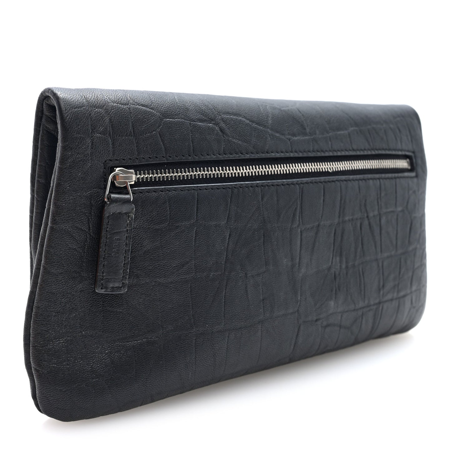 Calfskin Crocodile Embossed West Hollywood Monogram Fold Over Clutch Black
