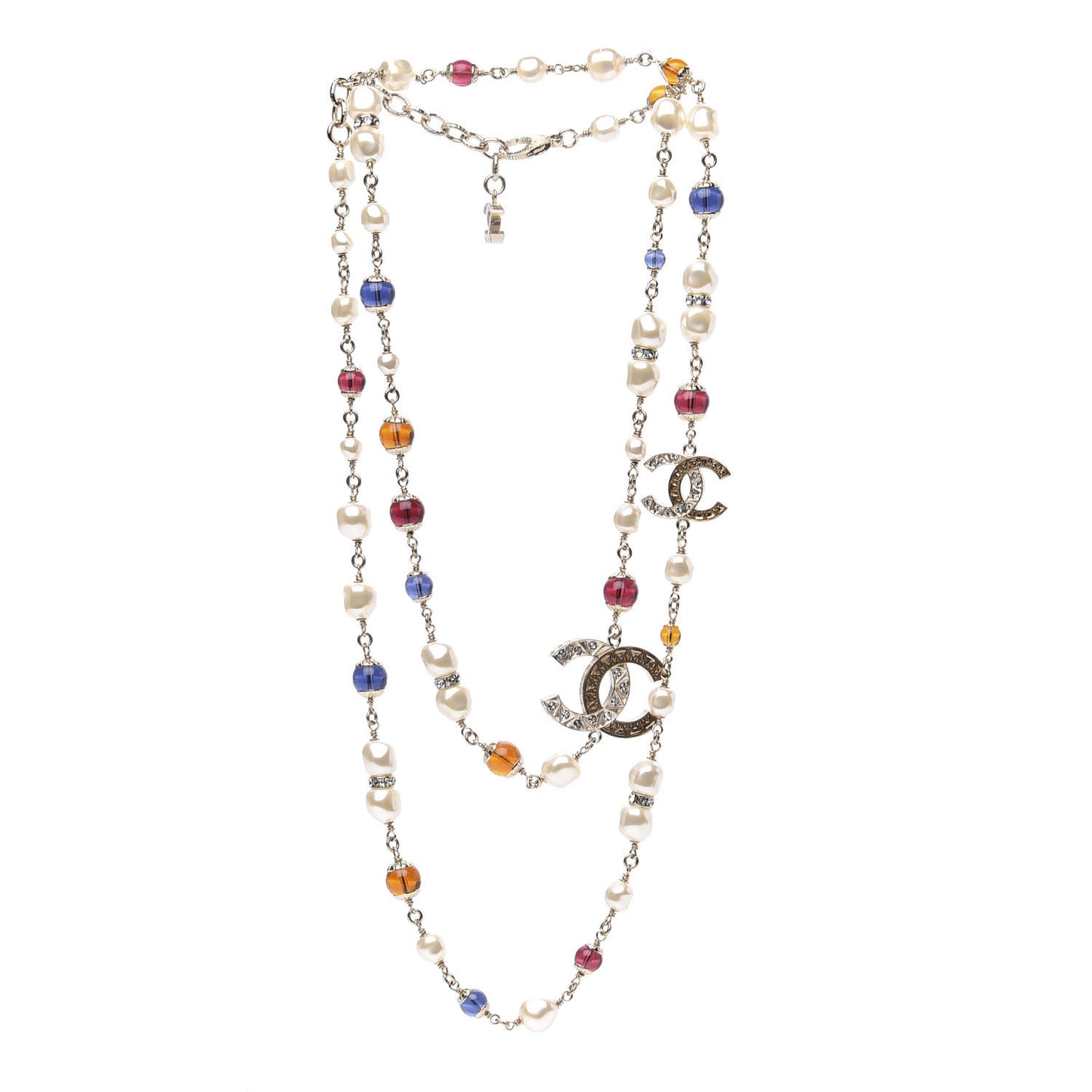 Pearl Beaded Crystal CC Long Necklace Gold Multi