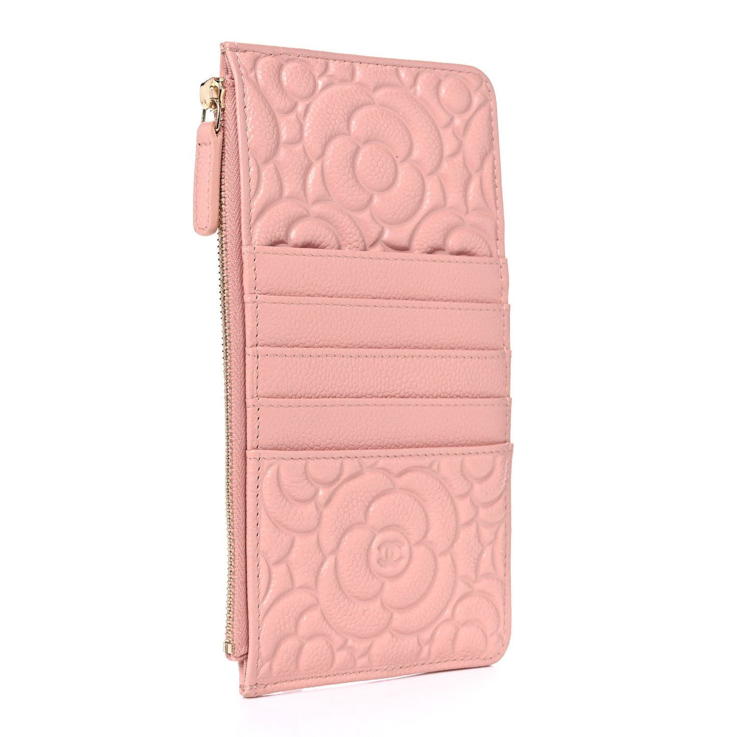 Caviar Camellia Embossed Classic Flat Wallet Pouch Pink