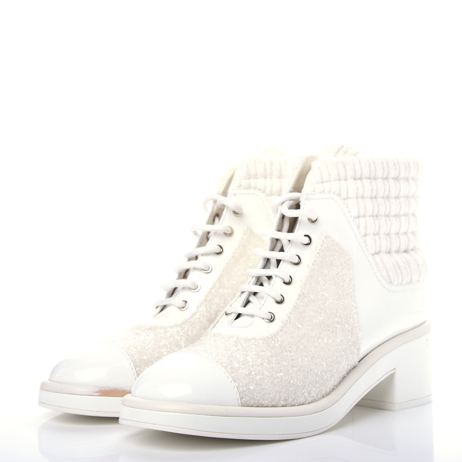 Chanel Tweed Patent Calfskin Velvet Lace Up Boots 41 White 3 of 11