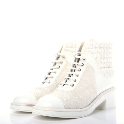 Chanel Tweed Patent Calfskin Velvet Lace Up Boots 41 White 3 of 11