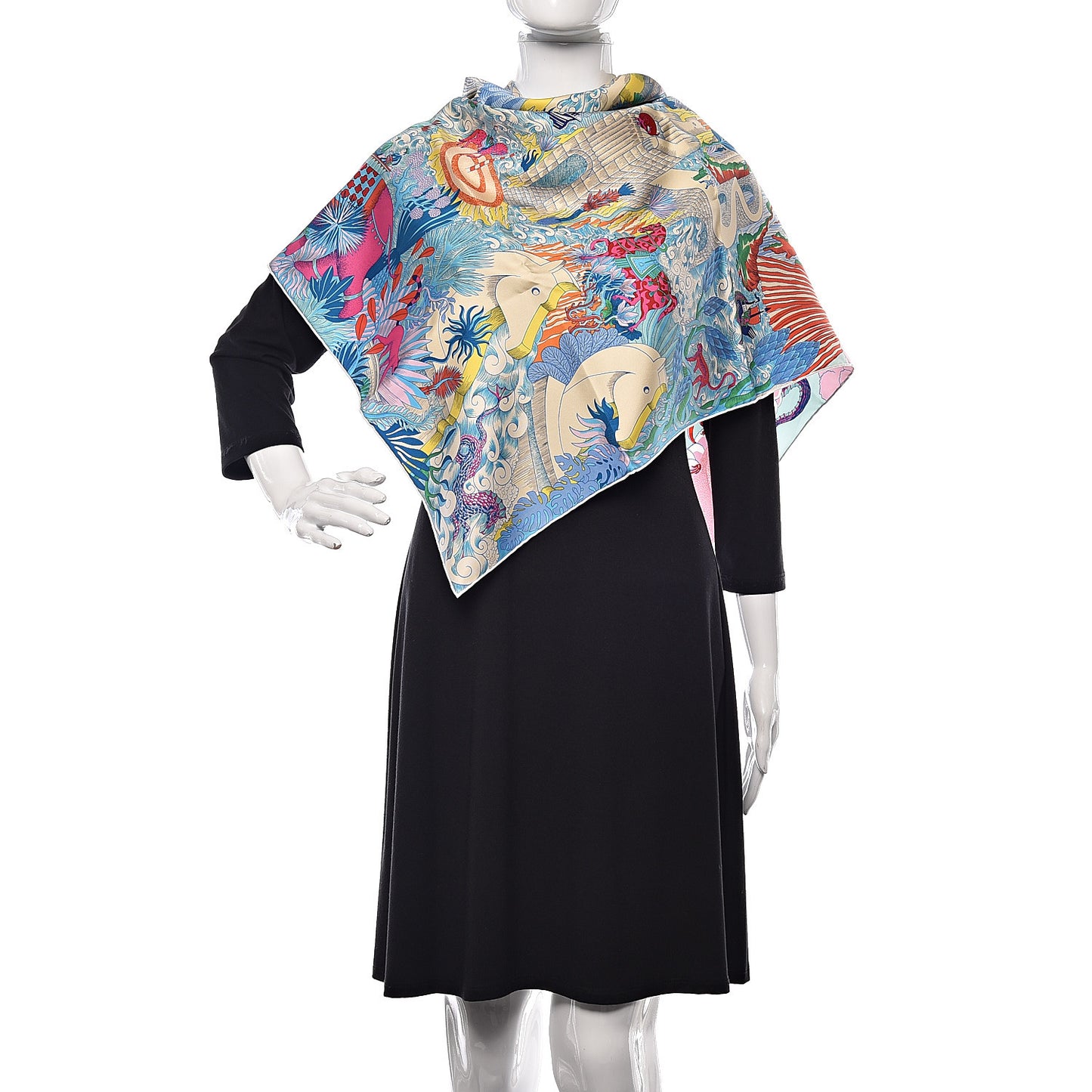 Silk Cosmographia Universalis Scarf 90 Turquoise Jaune Rose