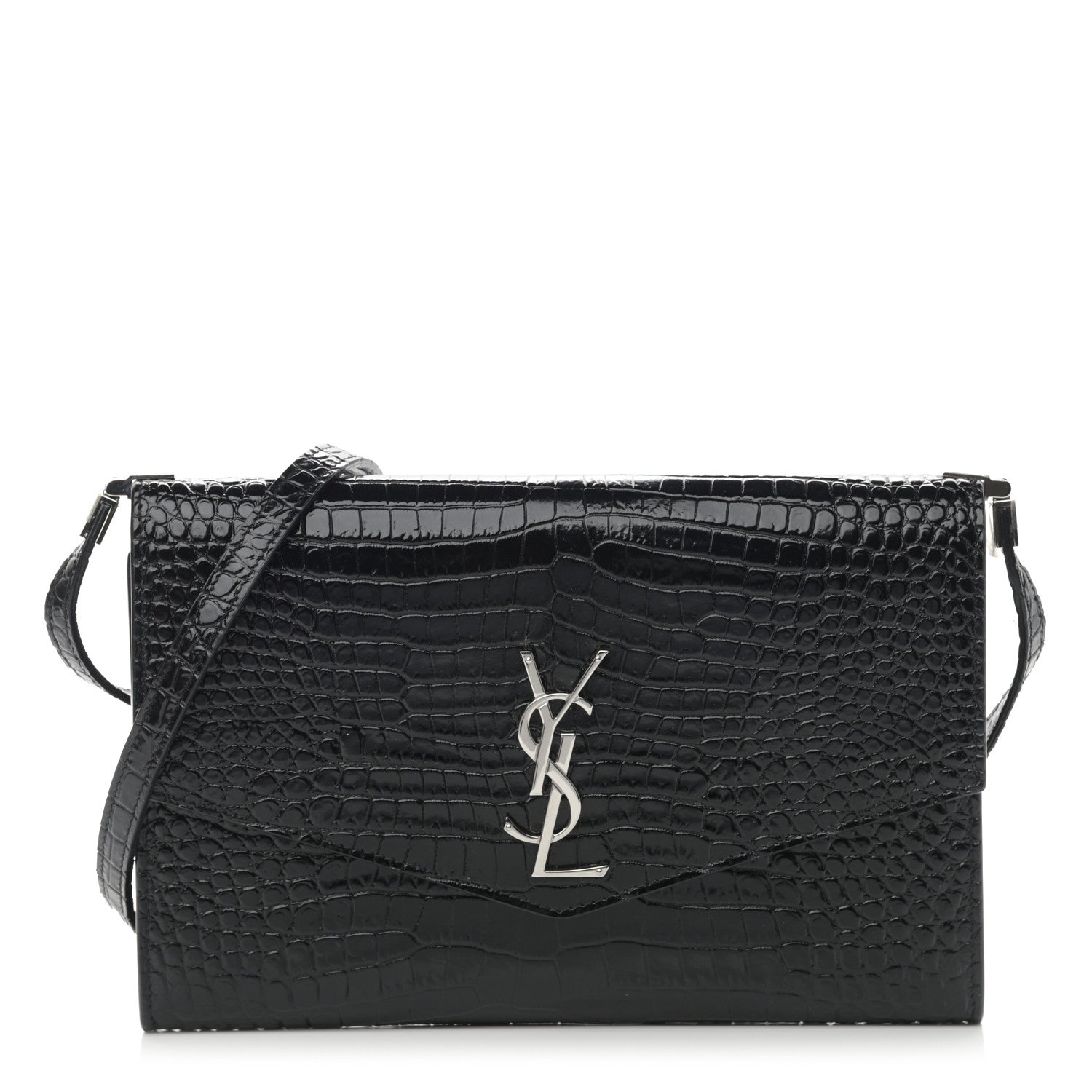 Saint Laurent Calfskin Crocodile Embossed Monogram Mini Uptown Crossbody Black 1 of 14