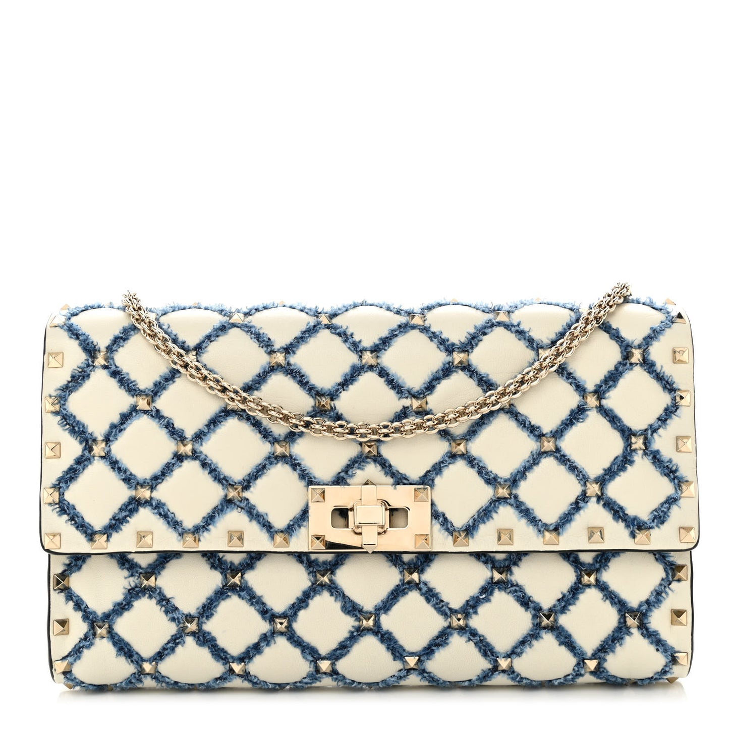 Nappa Denim Quilted Rockstud Spike Wallet on Chain Ivory Blue