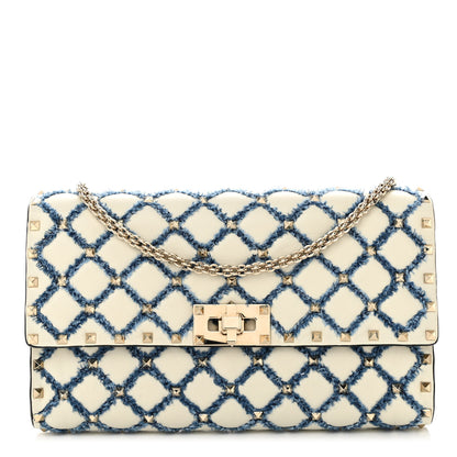 Valentino Garavani Nappa Denim Quilted Rockstud Spike Wallet on Chain Ivory Blue 1 of 9