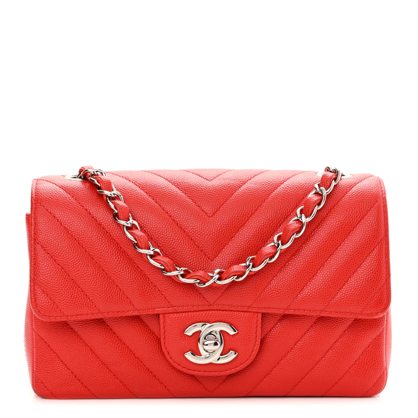 Caviar Chevron Quilted Mini Rectangular Flap Red