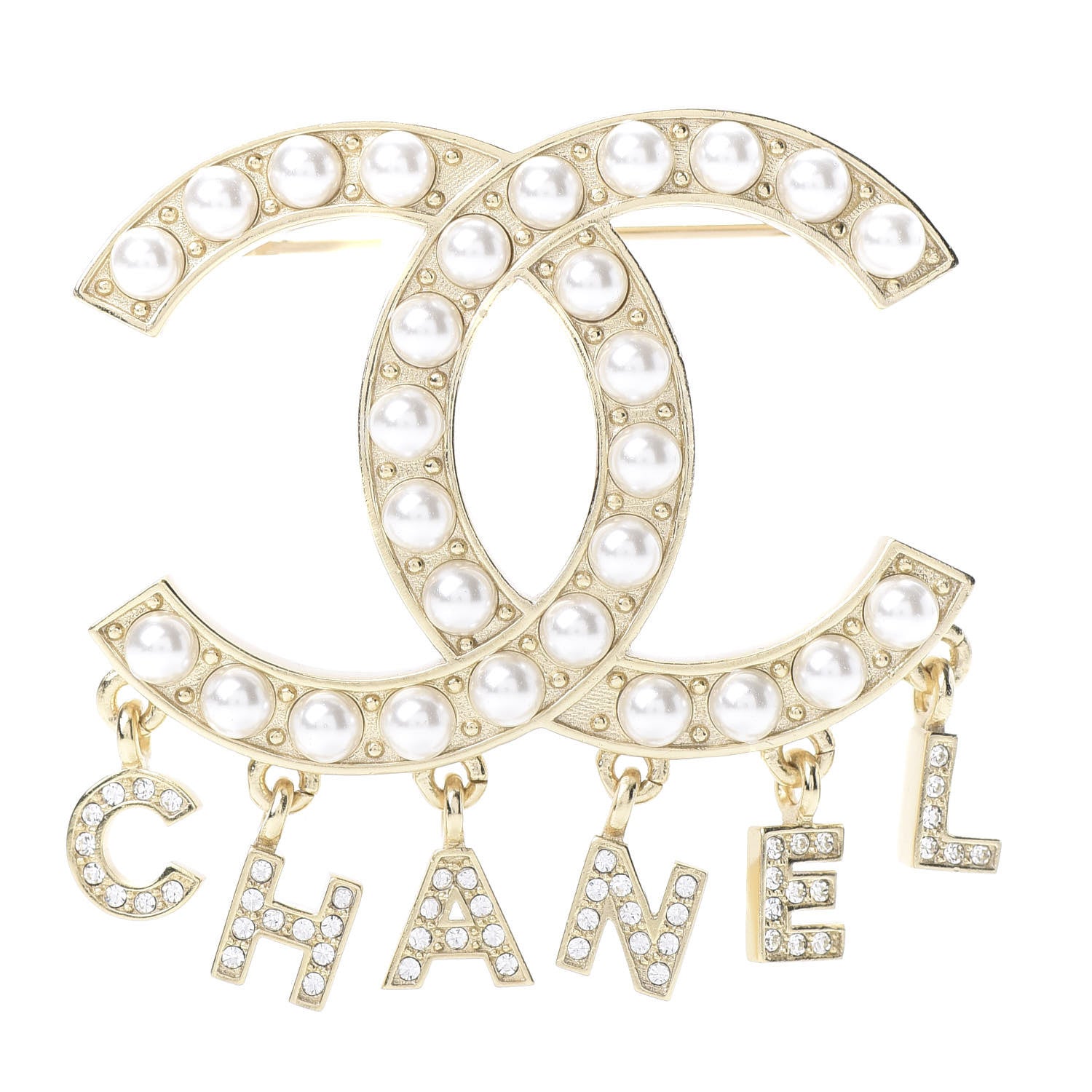 Chanel Crystal Pearl Signature Drop Brooch Gold 1 of 4