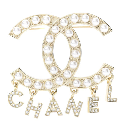 Chanel Crystal Pearl Signature Drop Brooch Gold 1 of 4