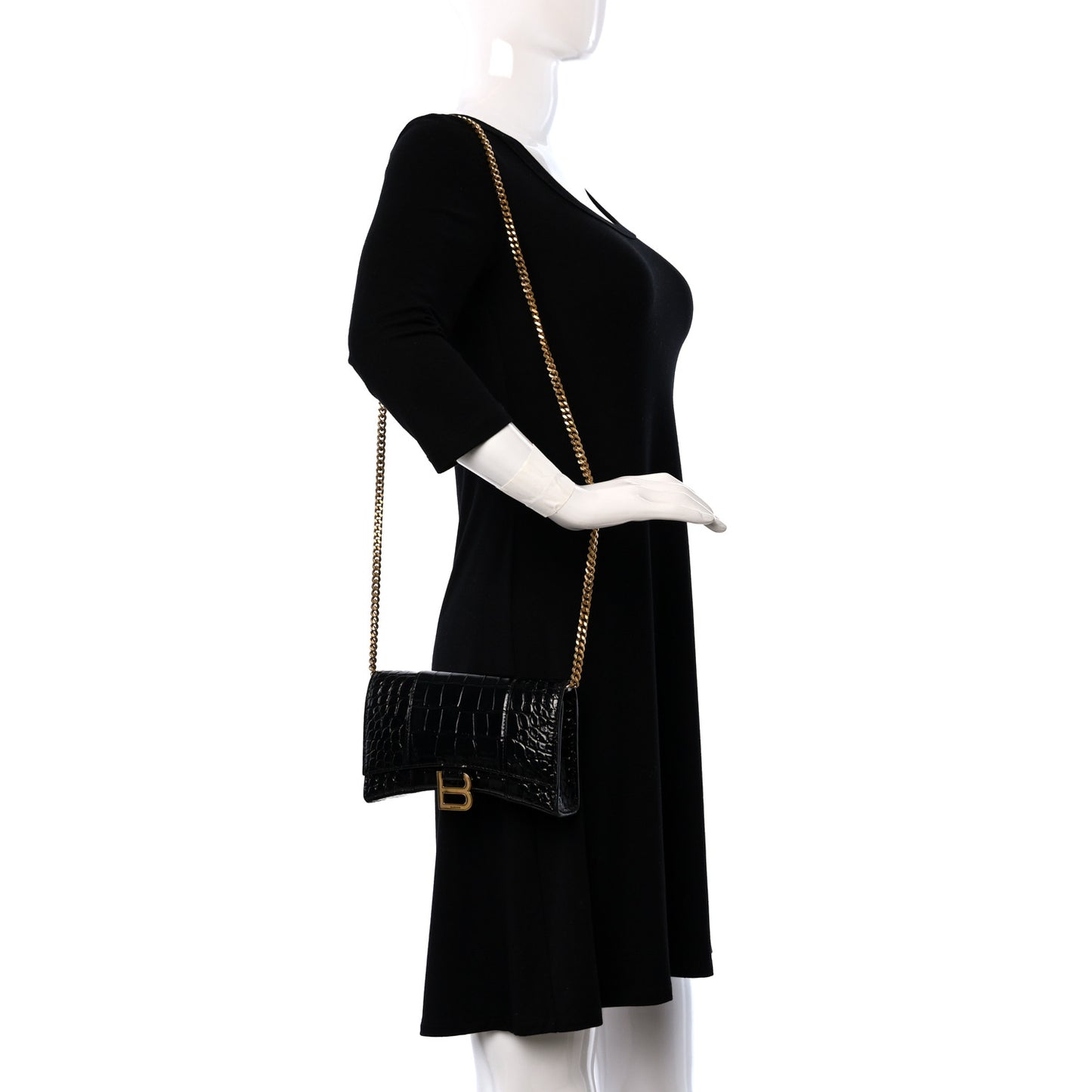 Shiny Calfskin Crocodile Embossed Hourglass Chain Bag Black