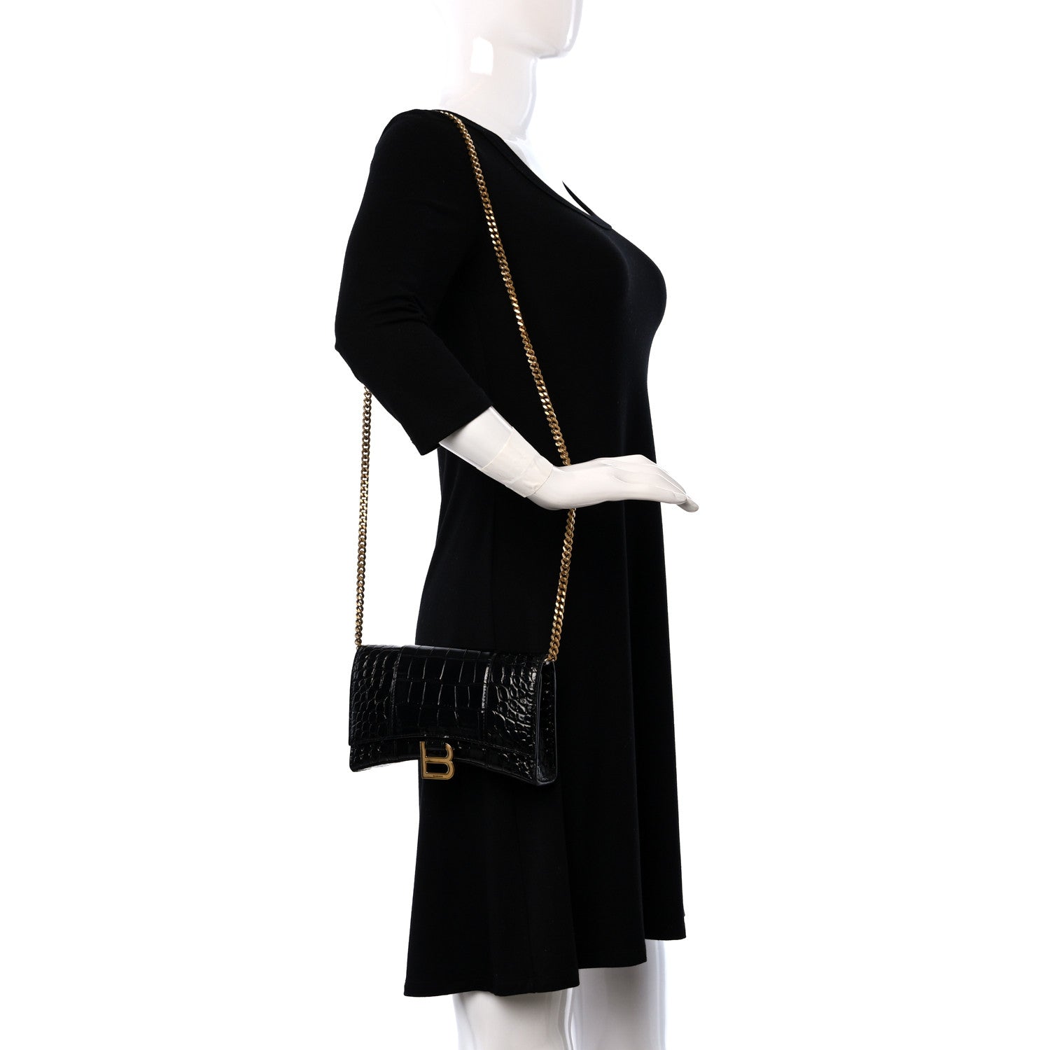 Balenciaga Shiny Calfskin Crocodile Embossed Hourglass Chain Bag Black 2 of 11
