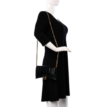 Balenciaga Shiny Calfskin Crocodile Embossed Hourglass Chain Bag Black 2 of 11
