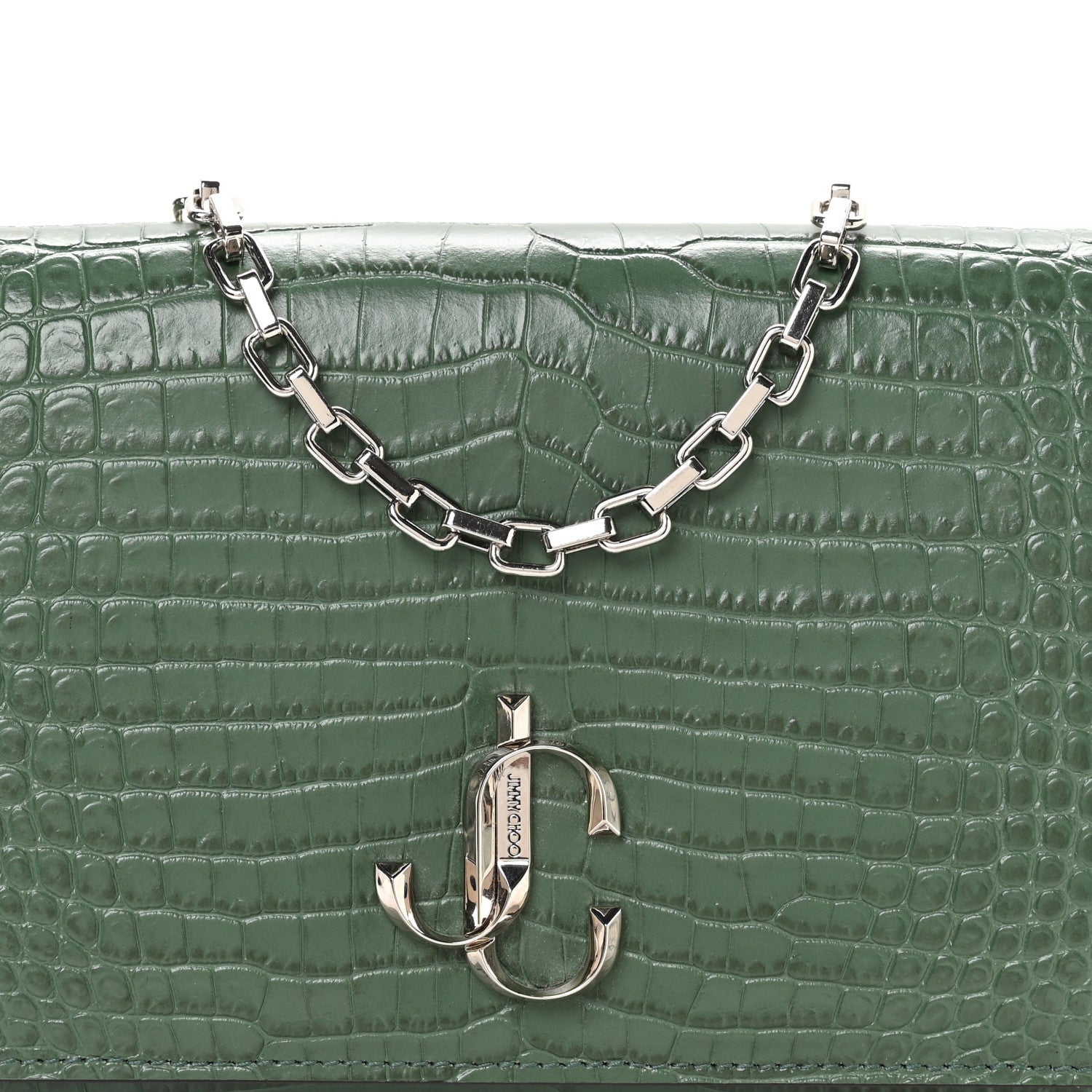 JIMMY CHOO ダークグリーン トートバッグ Jimmy Choo Calfskin Crocodile Embossed Varenne Chain Clutch Dark