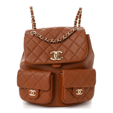 Calfskin Quilted Medium Duma Pockets Drawstring Backpack Light Brown