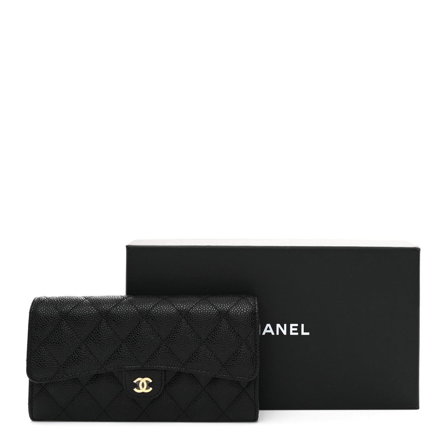 Caviar Quilted Large Gusset Flap Wallet Black
