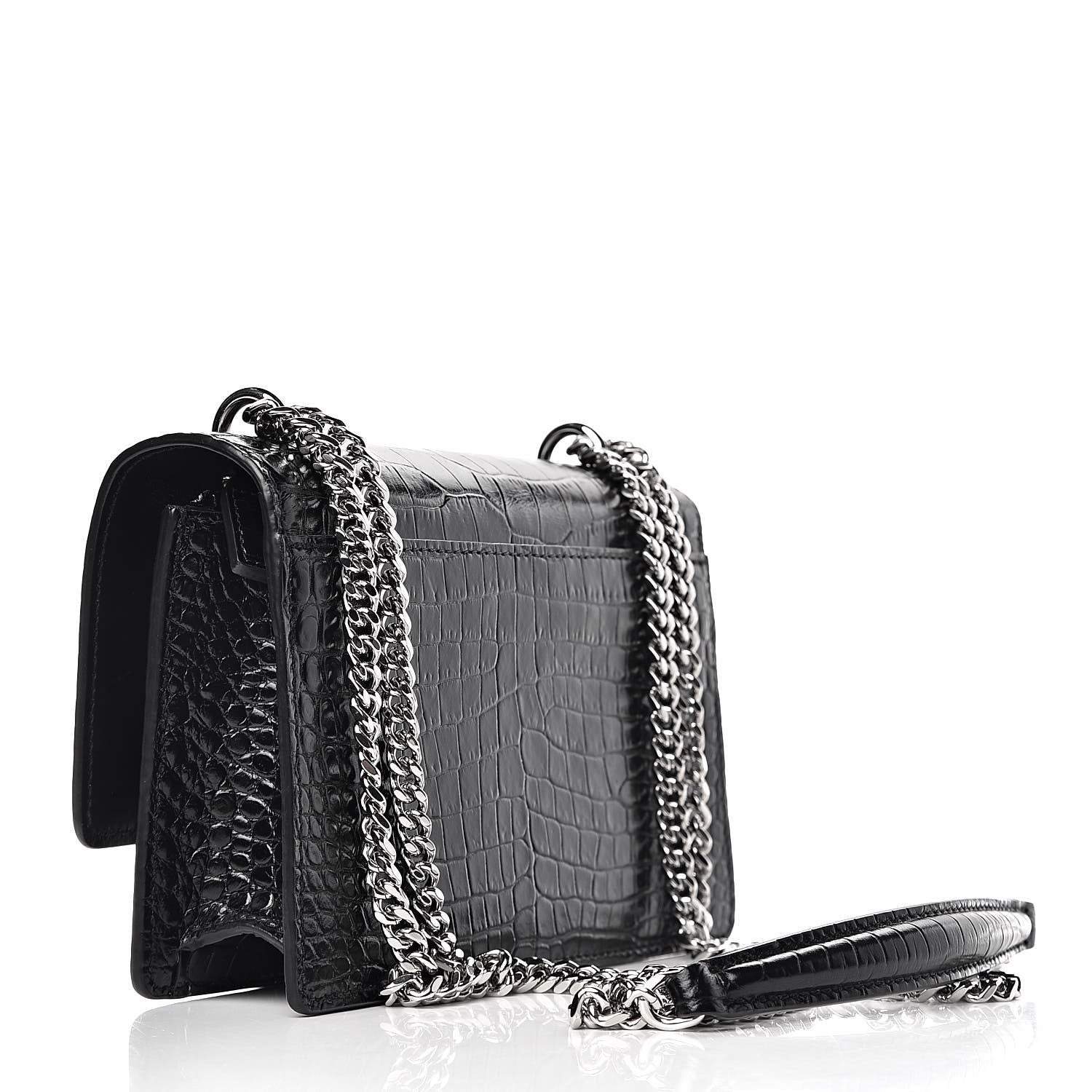 Saint Laurent Calfskin Crocodile Embossed Monogram Sunset Chain Wallet Black 3 of 9