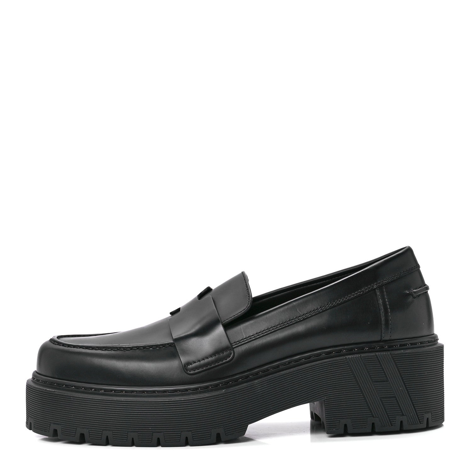 Hermes Glazed Calfskin Womens Hitch Loafers 37.5 Black 1 of 9