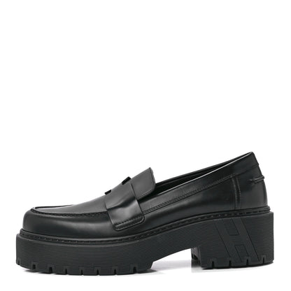 Hermes Glazed Calfskin Womens Hitch Loafers 37.5 Black 1 of 9