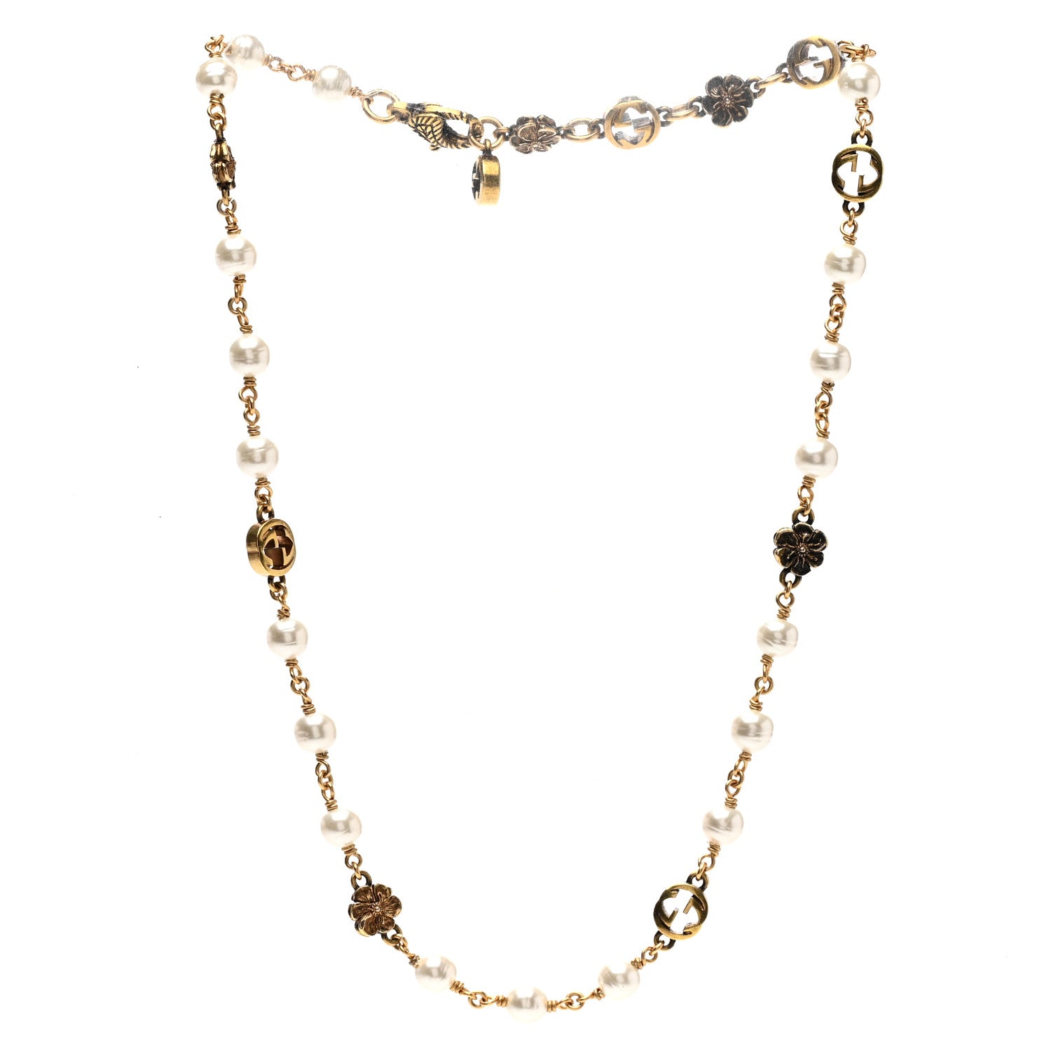 Gucci Metal Pearl Interlocking G Flower Necklace Gold 3 of 5