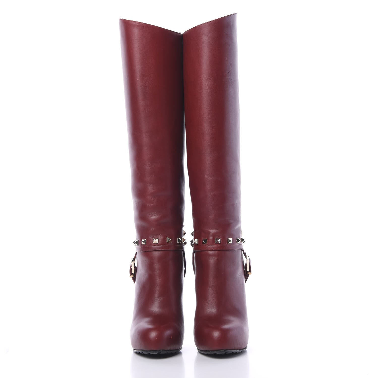 Valentino Garavani Calfskin Rockstud Tall Boots 37 Dark Red 2 of 8