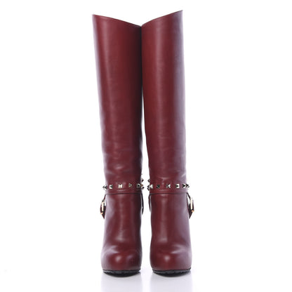Valentino Garavani Calfskin Rockstud Tall Boots 37 Dark Red 2 of 8