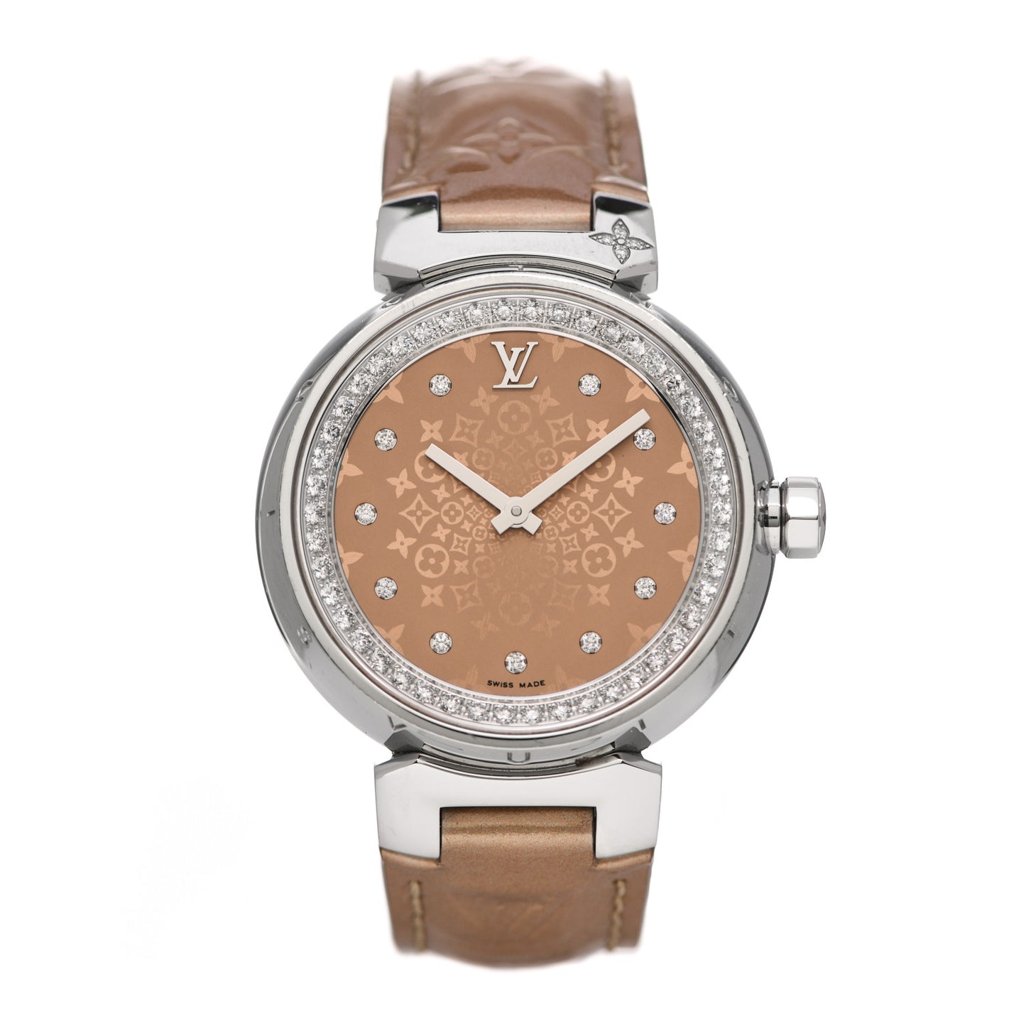 Stainless Steel Vernis Diamond 34mm Tambour Bijou Quartz Watch Beige