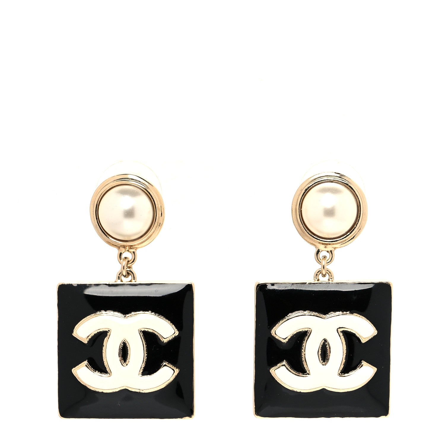 Chanel Metal Resin Pearl CC Drop Earrings Gold Black White 1 of 4