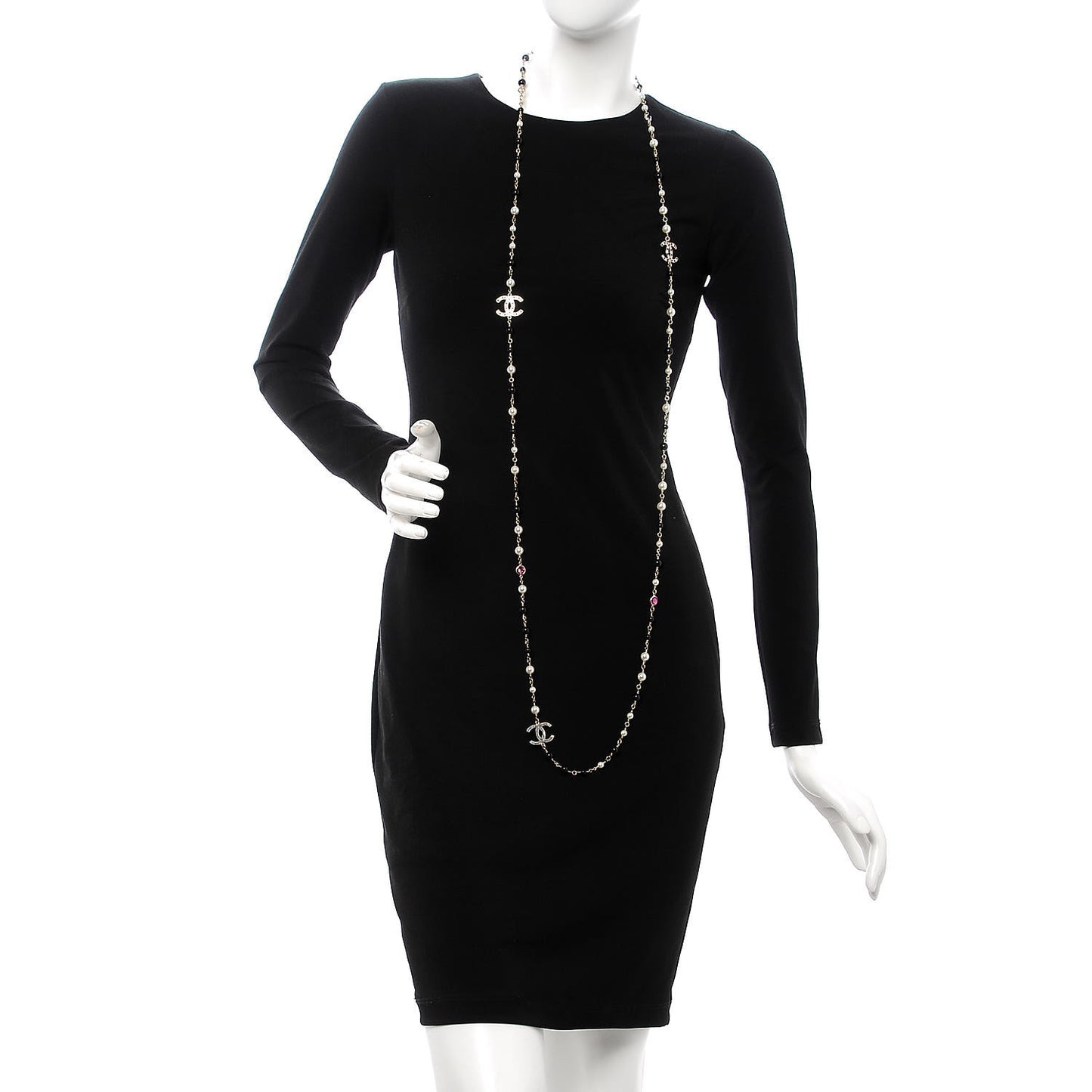 Pearl Bead Enamel CC Long Necklace Black Gold