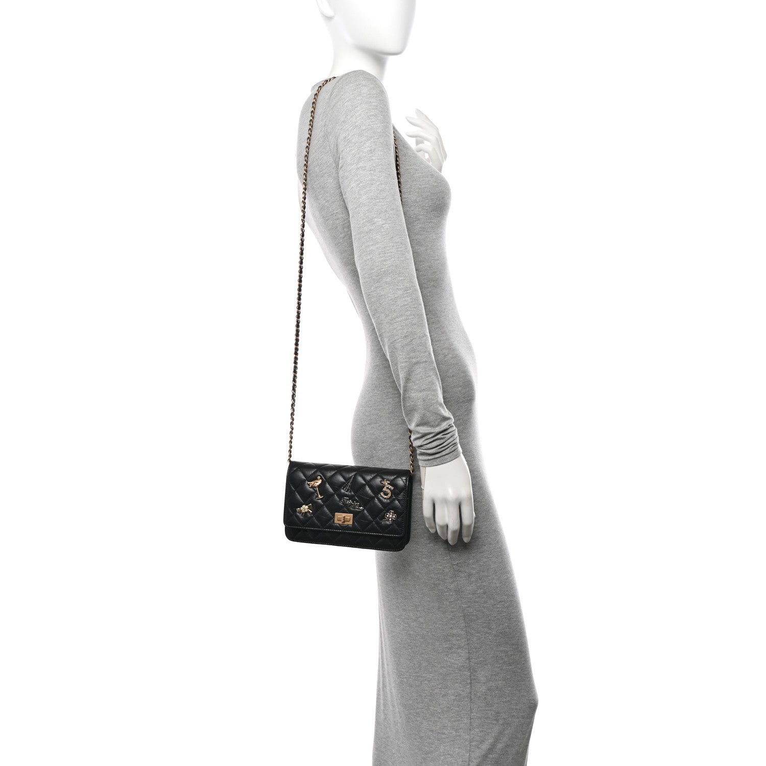 Chanel Aged Calfskin Quilted Lucky Charms 2.55 Reissue Wallet On Chain WOC Black 2 of 10