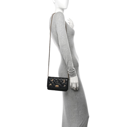 Chanel Aged Calfskin Quilted Lucky Charms 2.55 Reissue Wallet On Chain WOC Black 2 of 10