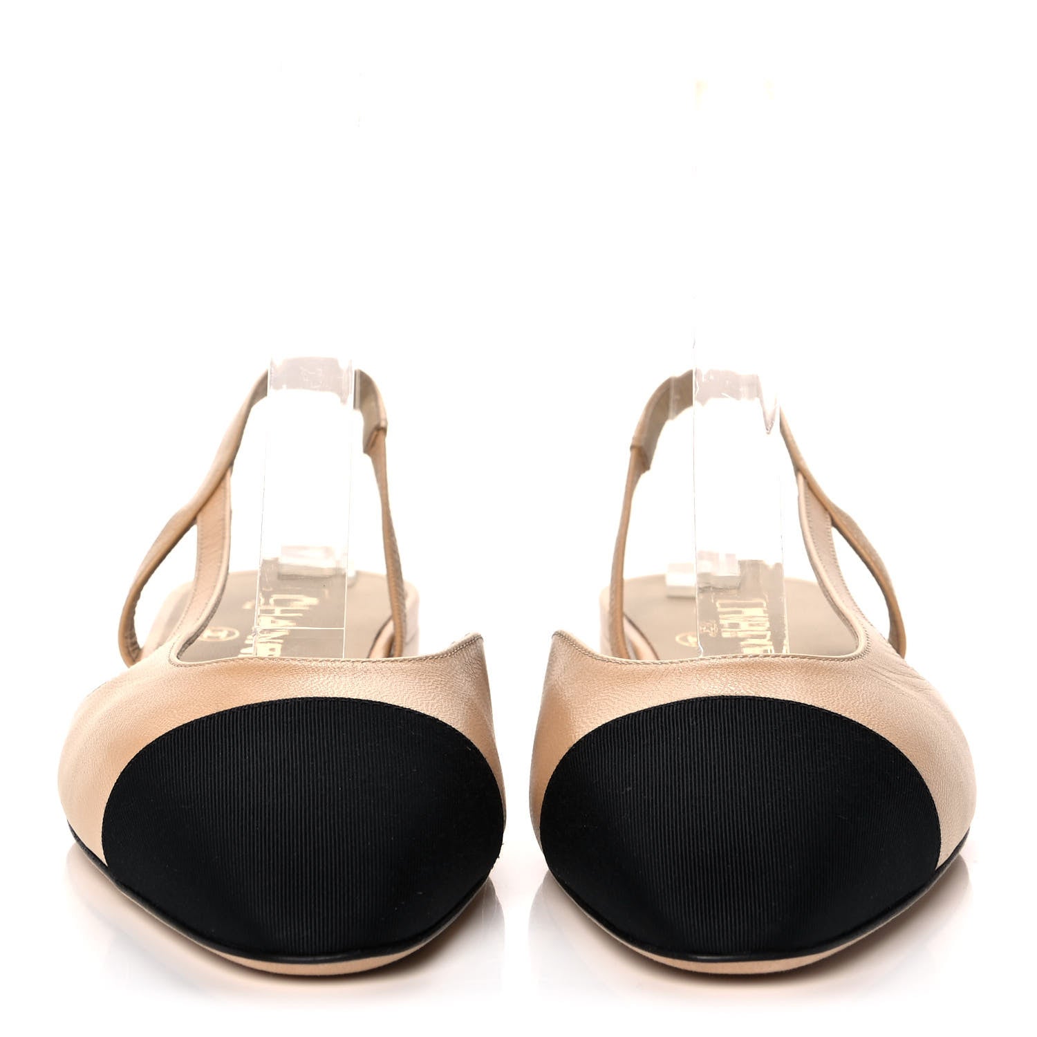 Chanel Lambskin Grosgrain Cap Toe CC Slingback Sandals 36.5 Beige Black 2 of 8