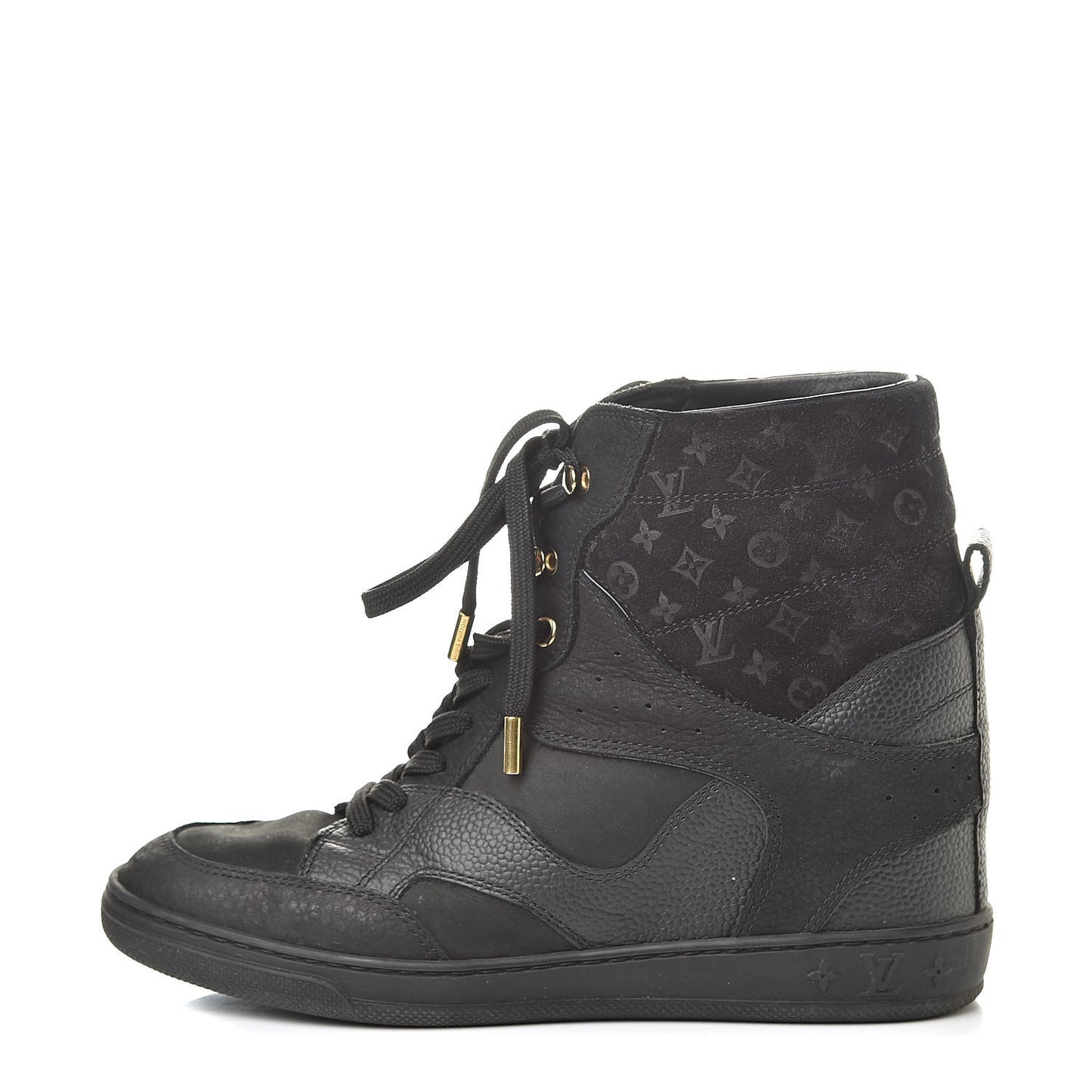 Calfskin Suede Monogram Cliff Top Wedge Sneakers 37 Black