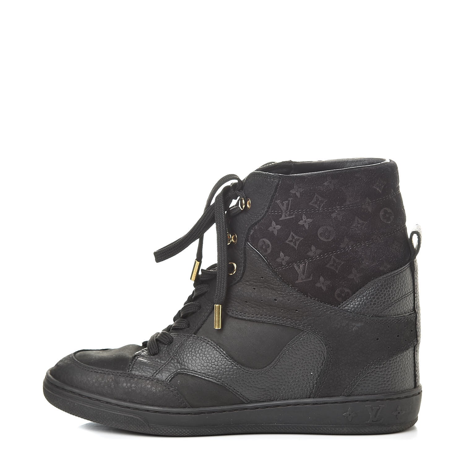 Louis Vuitton Calfskin Suede Monogram Cliff Top Wedge Sneakers 37 Black 1 of 12