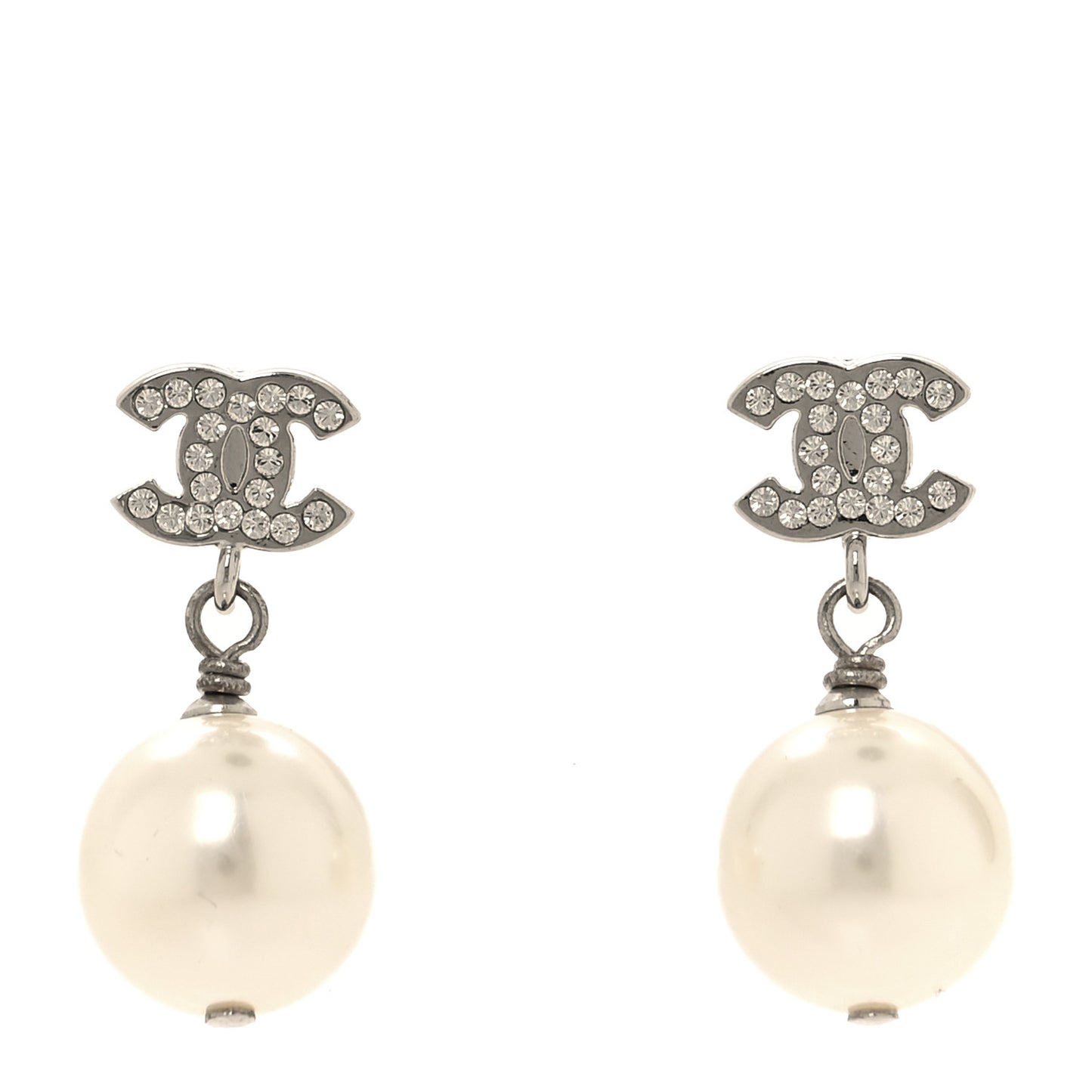 Crystal Pearl CC Drop Earrings Silver Pearly White