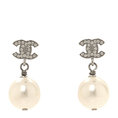 Chanel Crystal Pearl CC Drop Earrings Silver Pearly White 1 of 10