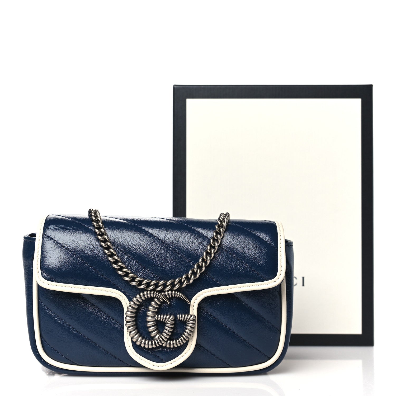 Gucci Vintage Effect Calfskin Matelasse Diagonal Super Mini Torchon GG Marmont Shoulder Bag Blue Agata Mystic White 10 of 10